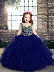 Sleeveless Floor Length Beading and Ruffles Lace Up Little Girls Pageant Gowns with Blue