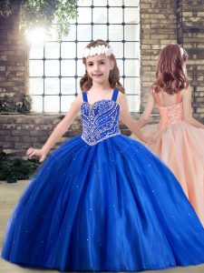 Royal Blue Ball Gowns Tulle Straps Sleeveless Beading Floor Length Lace Up Kids Formal Wear