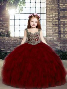 Beading and Ruffles Little Girls Pageant Dress Red Lace Up Sleeveless Floor Length