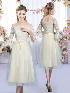 Pretty Champagne Empire Tulle Off The Shoulder 3 4 Length Sleeve Lace and Bowknot Tea Length Lace Up Damas Dress