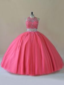 Floor Length Coral Red Ball Gown Prom Dress Halter Top Sleeveless Backless