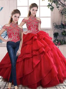 Perfect Organza Halter Top Lace Up Beading and Ruffles 15th Birthday Dress in Red