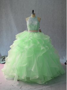 Amazing Halter Top Sleeveless 15 Quinceanera Dress Beading and Ruffles Backless