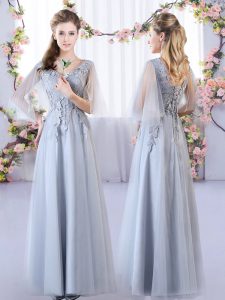 Most Popular Grey Sleeveless Appliques Floor Length Quinceanera Court Dresses