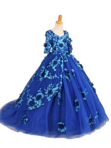 Blue Half Sleeves Brush Train Beading and Appliques Little Girl Pageant Dress