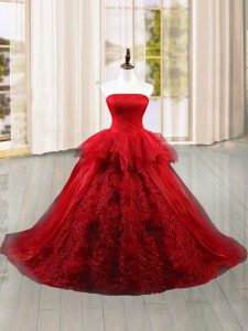 Artistic Wine Red Tulle Lace Up Quinceanera Dresses Sleeveless Brush Train Lace and Ruffles