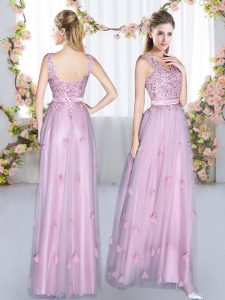 Shining Lavender Tulle Lace Up V-neck Sleeveless Floor Length Damas Dress Beading and Appliques