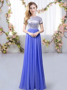 Elegant Short Sleeves Zipper Floor Length Sequins Quinceanera Court of Honor Dress