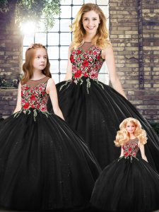 Floor Length Black 15th Birthday Dress Scoop Sleeveless Zipper