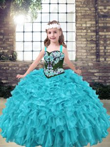 Straps Sleeveless Lace Up Girls Pageant Dresses Aqua Blue and Turquoise Organza