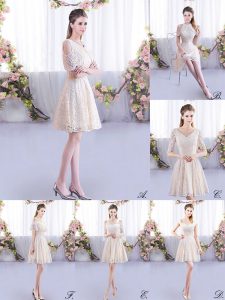 Scoop Short Sleeves Lace Up Quinceanera Dama Dress Champagne