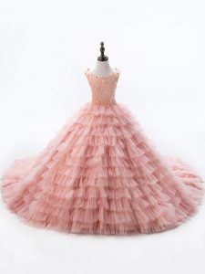 Court Train Ball Gowns Little Girls Pageant Dress Wholesale Pink Scoop Sleeveless Lace Up