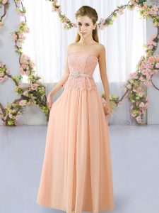 Beautiful Peach Chiffon Lace Up Strapless Sleeveless Floor Length Vestidos de Damas Lace and Belt