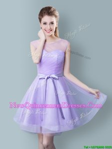 Comfortable Scoop Sleeveless Tulle Knee Length Zipper Quinceanera Court of Honor Dress inLavender forSpring and Summer and Fall withRuching and Bowknot