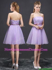 Nice Lavender Dama Dress for Prom and For withLace and Belt Strapless Sleeveless Lace Up