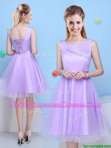 Fitting Scoop Lavender A-line Bowknot Dama Dress Lace Up Tulle Sleeveless Knee Length