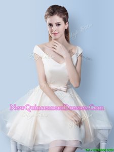 Hot Selling Bowknot Quinceanera Court of Honor Dress White Lace Up Cap Sleeves Knee Length