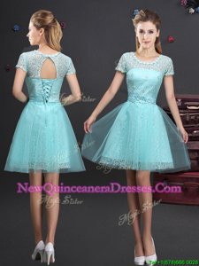 Scoop Short Sleeves Mini Length Lace Up Dama Dress Aqua Blue and In for for Prom withLace and Appliques and Belt