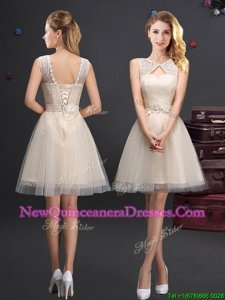 Inexpensive Scoop Lace and Appliques and Belt Vestidos de Damas Champagne Lace Up Sleeveless Mini Length