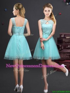 Scoop Sleeveless Lace Up Quinceanera Court of Honor Dress Aqua Blue Tulle