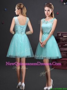 Scoop Mini Length Lace Up Quinceanera Court Dresses Aqua Blue and In for for Prom withLace and Appliques and Belt