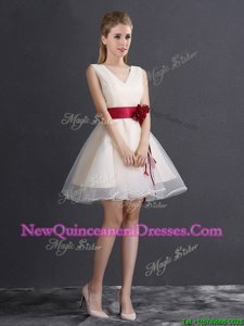 Decent Champagne Sleeveless Hand Made Flower Mini Length Damas Dress