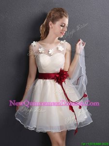 Scoop Champagne A-line Appliques and Hand Made Flower Quinceanera Court Dresses Lace Up Organza Sleeveless Mini Length