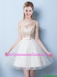 High End One Shoulder Sleeveless Tulle Quinceanera Dama Dress Sequins and Bowknot Lace Up