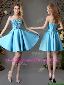 Affordable Baby Blue Sleeveless Appliques and Bowknot Mini Length Vestidos de Damas