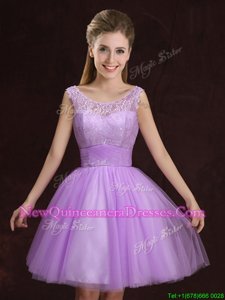 Delicate Scoop Mini Length Lace Up Court Dresses for Sweet 16 Lilac and In for for Prom withLace and Ruching