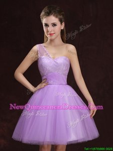 Admirable One Shoulder Lilac Lace Up Court Dresses for Sweet 16 Lace and Ruching Sleeveless Mini Length