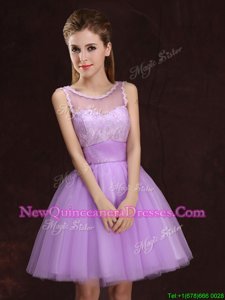 Luxury Scoop Lilac Tulle Lace Up Dama Dress for Quinceanera Sleeveless Mini Length Lace and Ruching