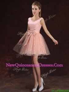 Sexy Peach Sleeveless Tulle and Lace Lace Up Quinceanera Dama Dress for Prom and Party