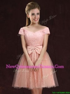 Fancy Off the Shoulder Peach A-line Lace and Bowknot Dama Dress Lace Up Tulle and Lace Short Sleeves Mini Length