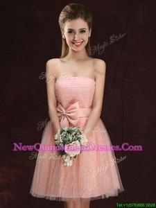 High End Peach A-line Lace and Bowknot Damas Dress Lace Up Tulle and Lace Sleeveless Mini Length