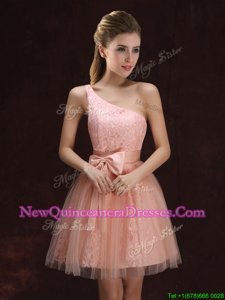 Stylish One Shoulder Sleeveless Tulle and Lace Mini Length Lace Up Dama Dress inPeach forSpring and Summer and Fall withLace and Bowknot