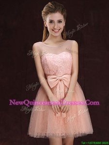 Popular Scoop Sleeveless Court Dresses for Sweet 16 Mini Length Lace and Bowknot Peach Tulle and Lace