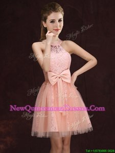 Halter Top Sleeveless Lace Up Mini Length Lace and Bowknot Damas Dress