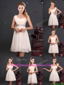 Popular Champagne Chiffon Zipper Quinceanera Dama Dress Sleeveless Mini Length Ruffles and Sequins and Ruching and Bowknot and Hand Made Flower