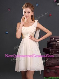 Champagne Empire Chiffon One Shoulder Sleeveless Ruching and Hand Made Flower Mini Length Zipper Damas Dress