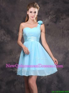 Cheap One Shoulder Baby Blue Empire Ruching and Hand Made Flower Dama Dress for Quinceanera Zipper Chiffon Sleeveless Mini Length