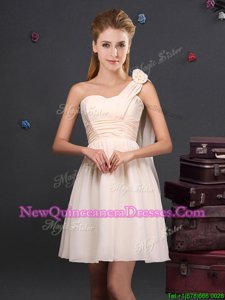 Traditional One Shoulder Mini Length Champagne Dama Dress for Quinceanera Chiffon Sleeveless Spring and Summer and Fall Ruching and Hand Made Flower