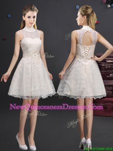 Custom Designed Knee Length Champagne Damas Dress High-neck Sleeveless Lace Up