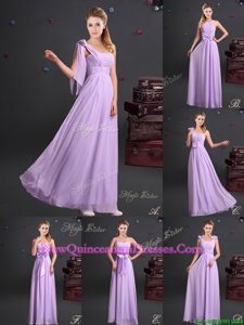 Smart One Shoulder Lavender Chiffon Zipper Damas Dress Sleeveless Floor Length Ruching and Bowknot and Hand Made Flower