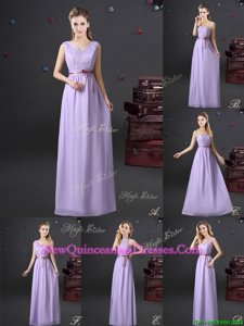 New Arrival Lavender V-neck Neckline Lace and Appliques and Belt Quinceanera Court of Honor Dress Sleeveless Lace Up