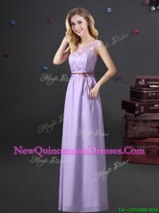 Delicate See Through Lavender Empire Chiffon Scoop Sleeveless Lace and Appliques and Belt Floor Length Lace Up Dama Dress