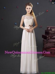 Sumptuous Scoop See Through White Empire Lace and Appliques and Belt Vestidos de Damas Lace Up Chiffon Sleeveless Floor Length