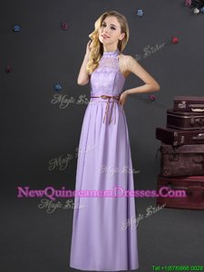 Admirable Halter Top Floor Length Lace Up Dama Dress Lavender and In for for Prom withLace and Belt