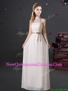 Glittering Floor Length White And Purple Quinceanera Court Dresses Halter Top Sleeveless Lace Up