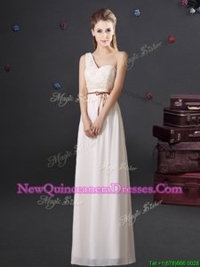 High Quality One Shoulder Floor Length White Quinceanera Court Dresses Chiffon Sleeveless Spring and Summer and Fall and Winter Lace and Appliques and Belt